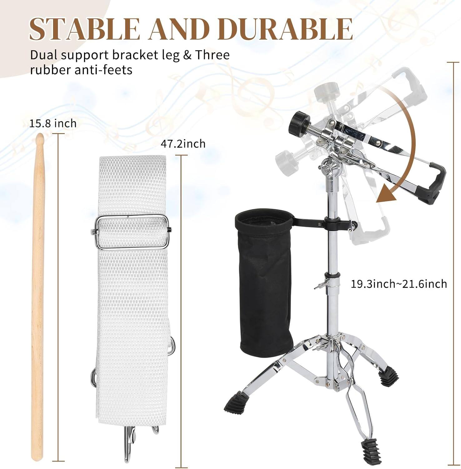 STABLE AND DURABLE  
Dual support bracket leg & Three rubber anti-feets  

15.8 inch  
47.2 inch  
19.3 inch~21.6 inch