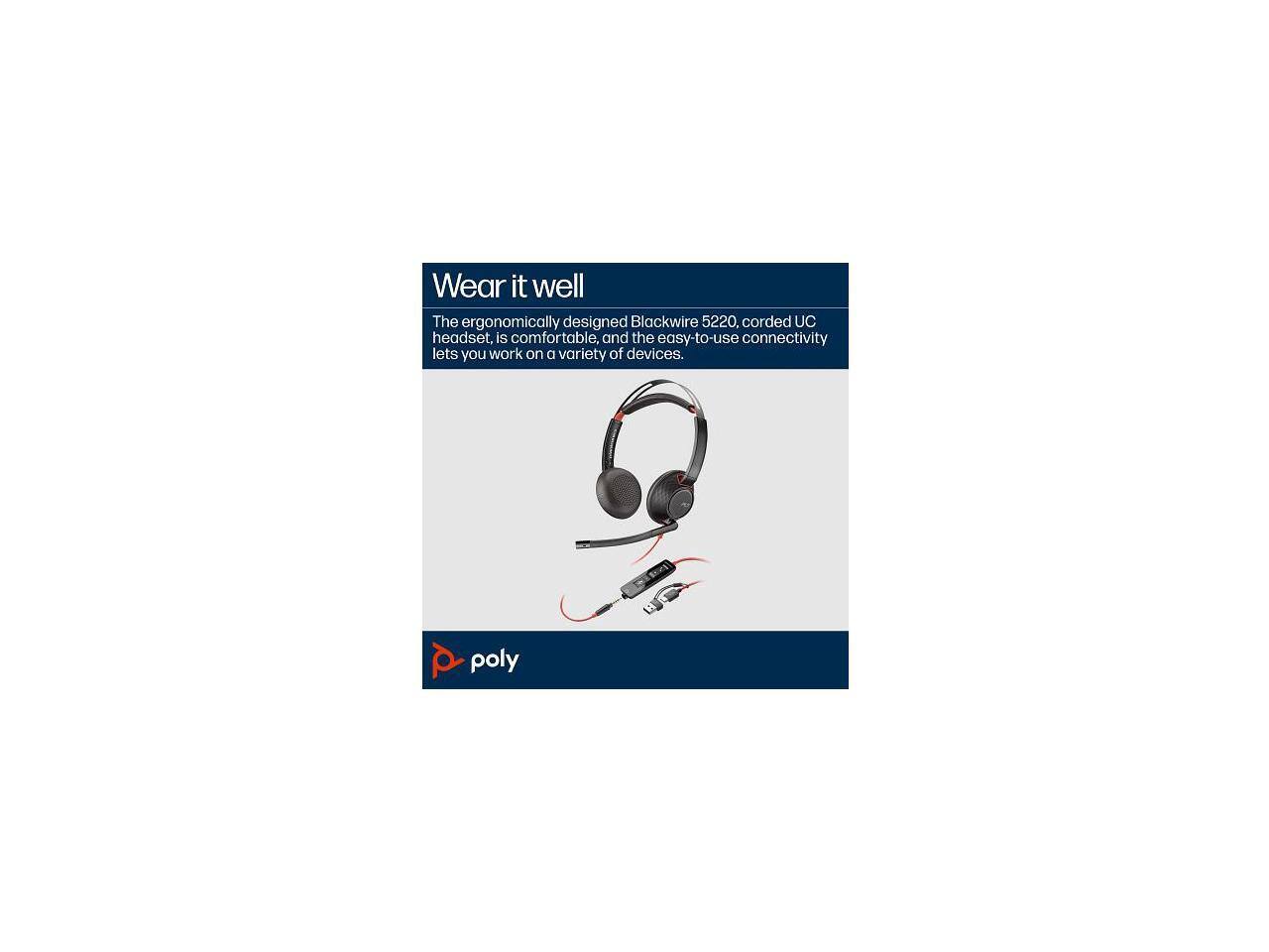 Plantronics Poly Blackwire 5220 Stereo USB C Headset +3.5mm Plug +