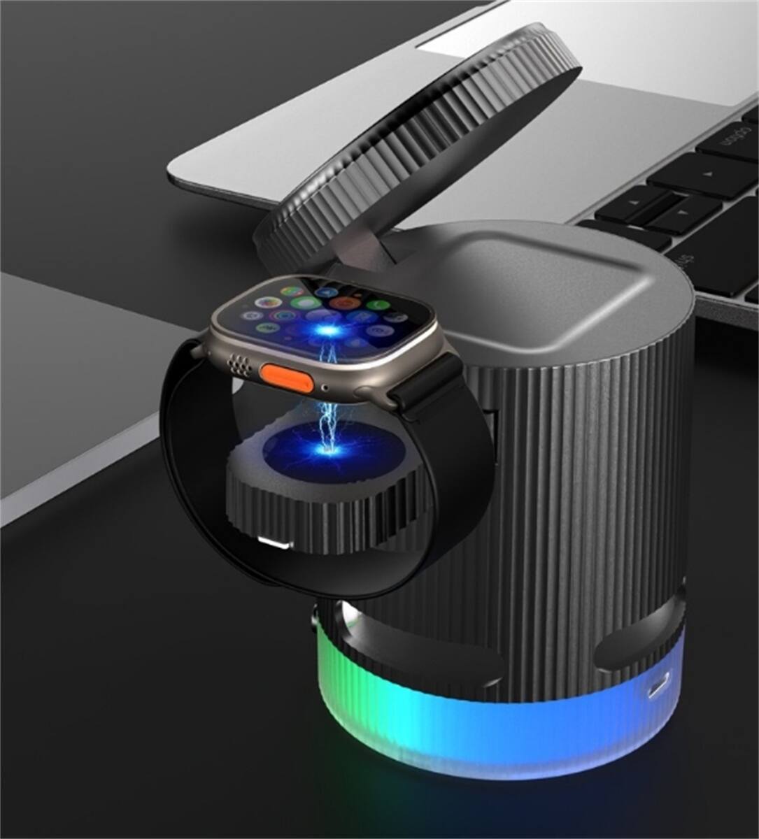 Angle. RISOKEYS - 4-in-1 15W Wireless Charger  - Fast Power Adapt with Bluetooth Speaker & Ambient Light for iPhone, Apple Watch, AirPods - Black.