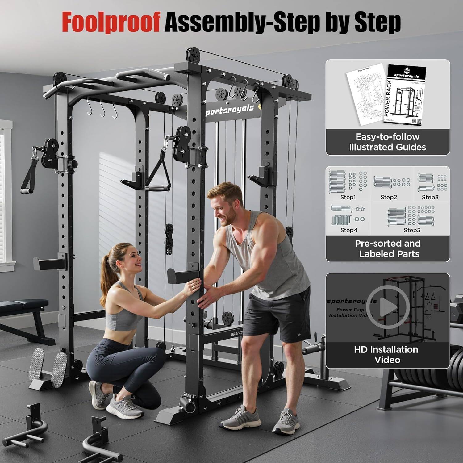 Foolproof Assembly-Step by Step

Easy-to-follow Illustrated Guides

Step 1
Step 2
Step 3
Step 4
Step 5

Pre-sorted and Labeled Parts

HD Installation Video

sportsroyals Power Cage Installation Vid.