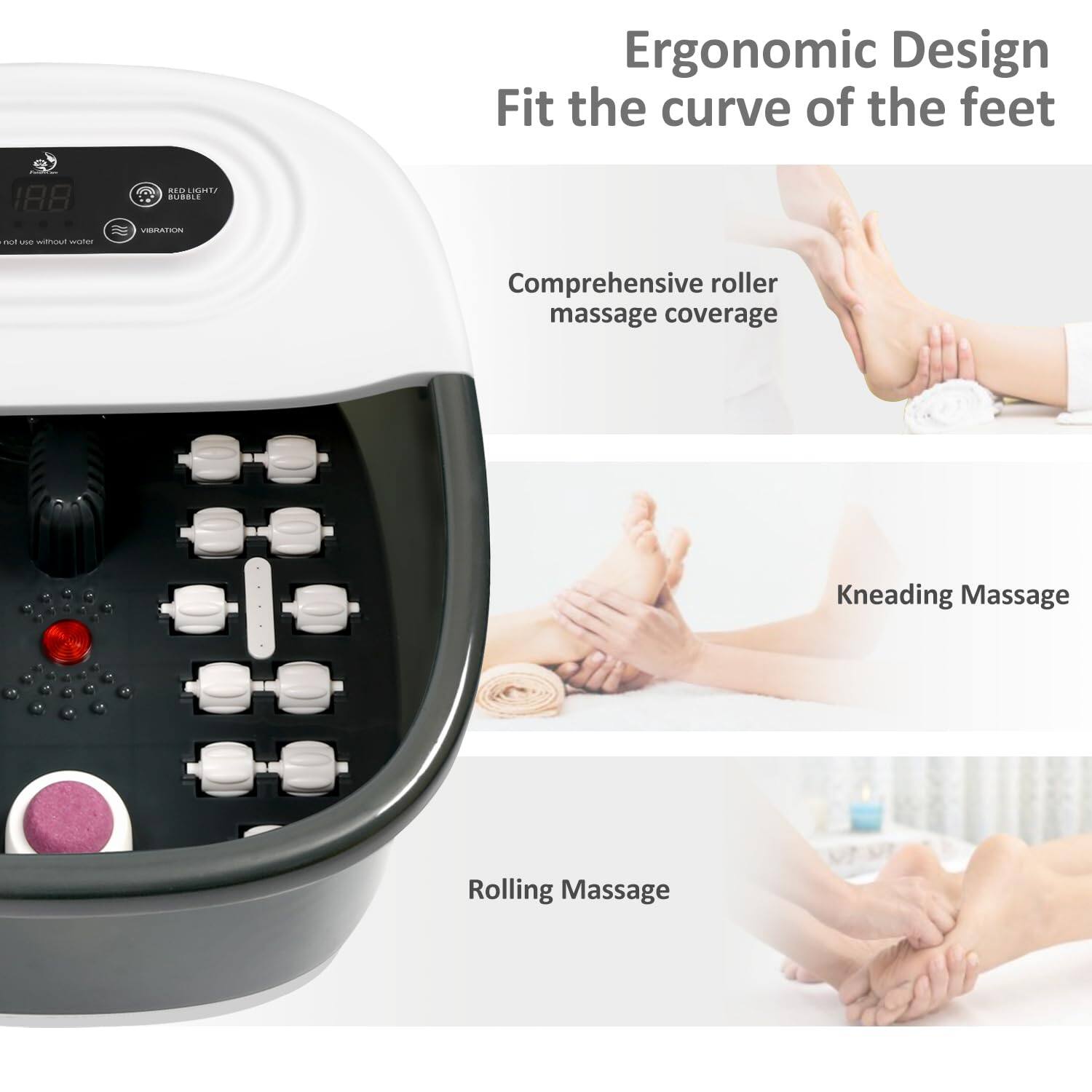 Ergonomic Design  
Fit the curve of the feet

Comprehensive roller massage coverage

Kneading Massage

Rolling Massage