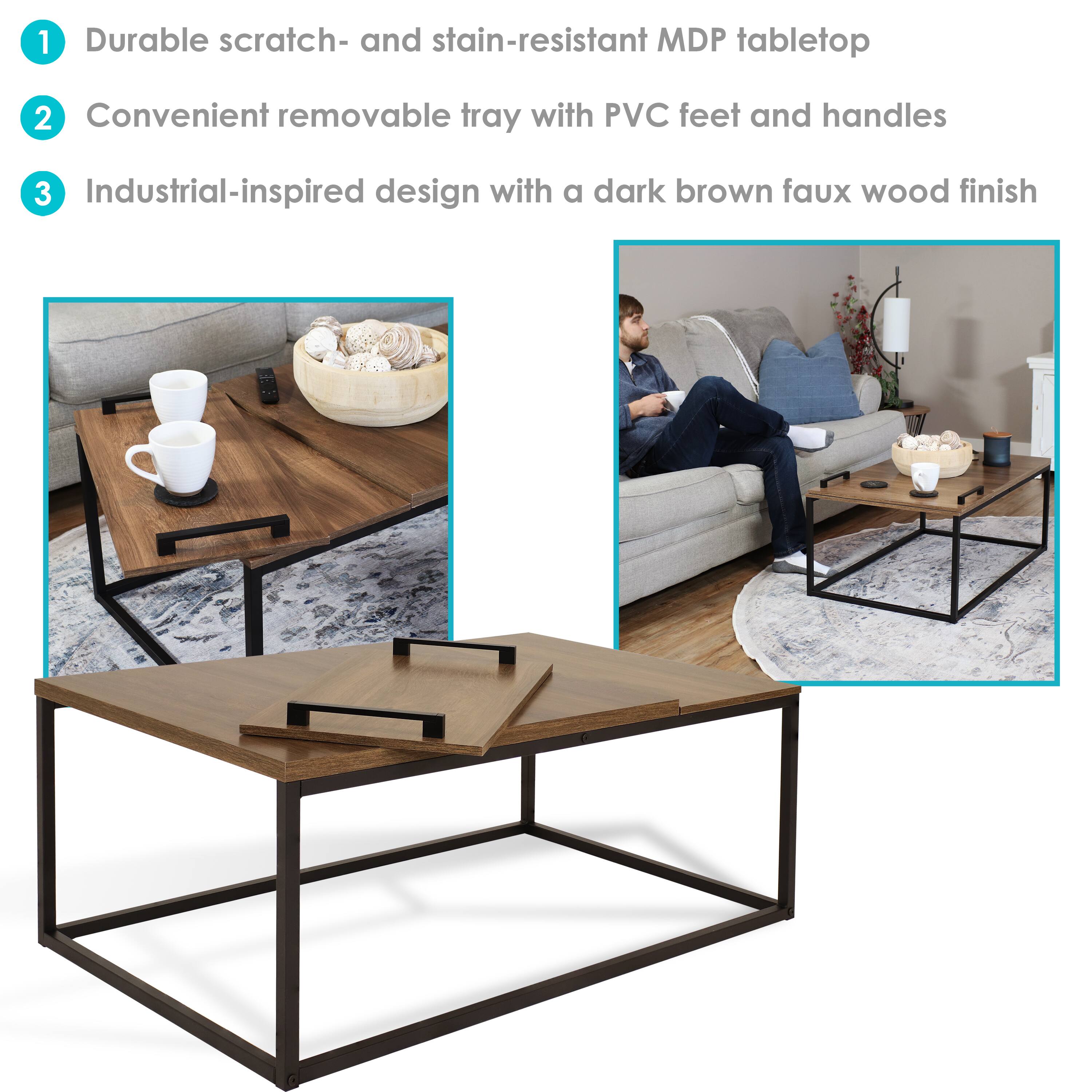 1. Durable scratch- and stain-resistant MDP tabletop  
2. Convenient removable tray with PVC feet and handles  
3. Industrial-inspired design with a dark brown faux wood finish