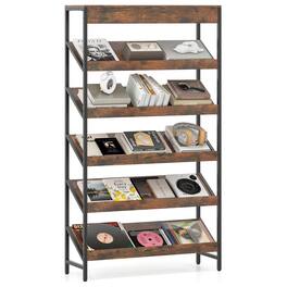 Gymax - 6-Tier Bookshelf Industrial Tall Bookcase w/ Angled Shelves & Metal Frame - Brown