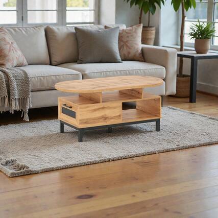 Front. Hivvago - Living Room Oval Coffee Table, 47-Inch with Built-In Storage and Shelves - Natural.