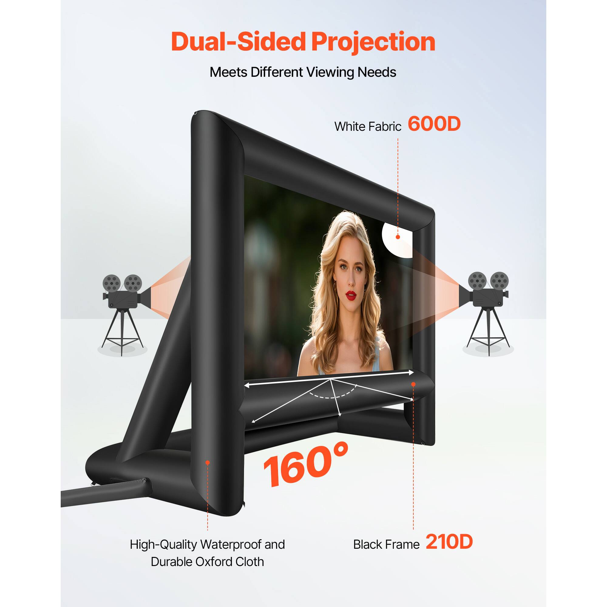Dual-Sided Projection Meets Different Viewing Needs
White Fabric 600D
High-Quality Waterproof and Durable Oxford Cloth
Black Frame 210D