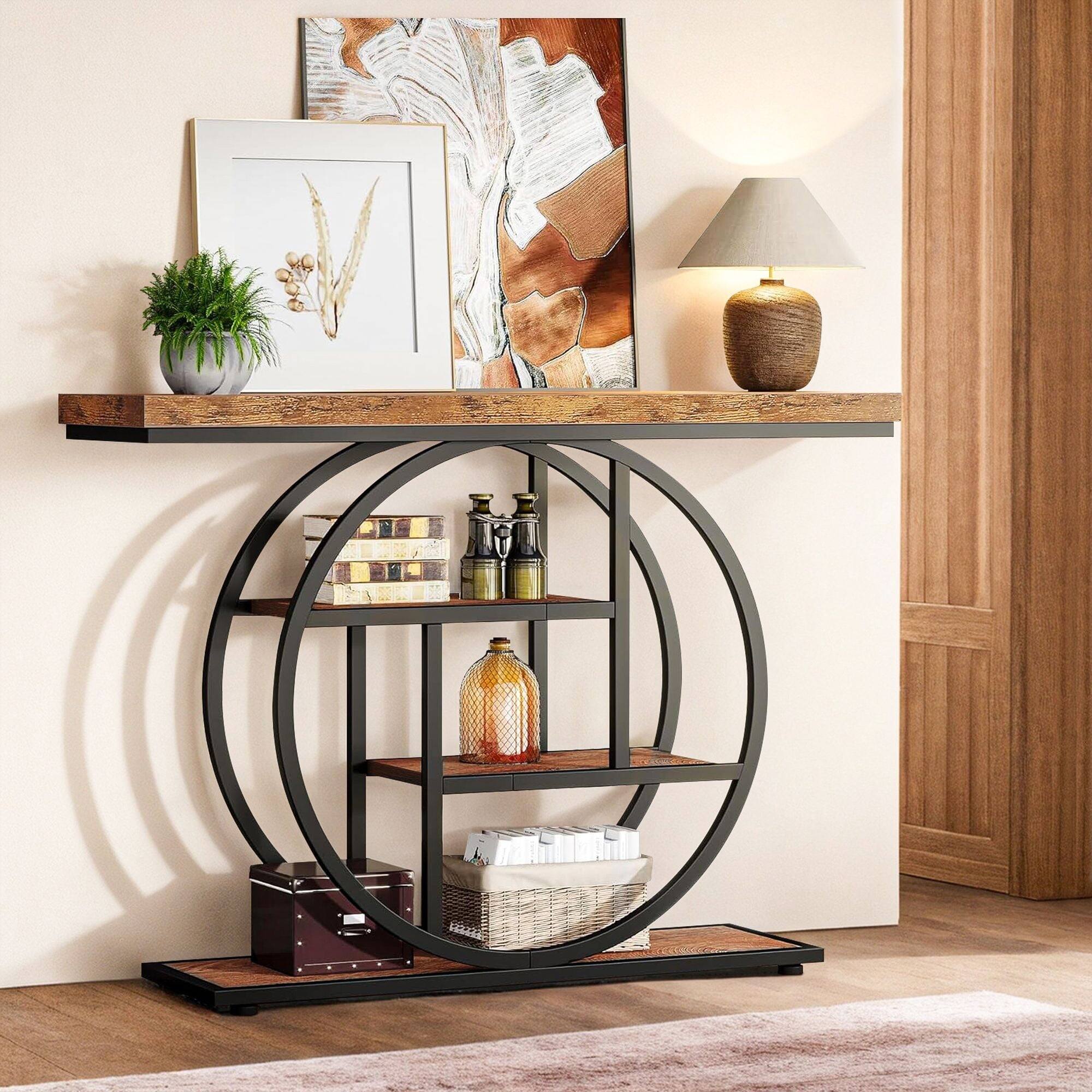 Kadyn - 41.3" Industrial Console Table with 4 Open Shelves, Features a Sturdy Circle Base Design for a Rustic Entryway - Brown