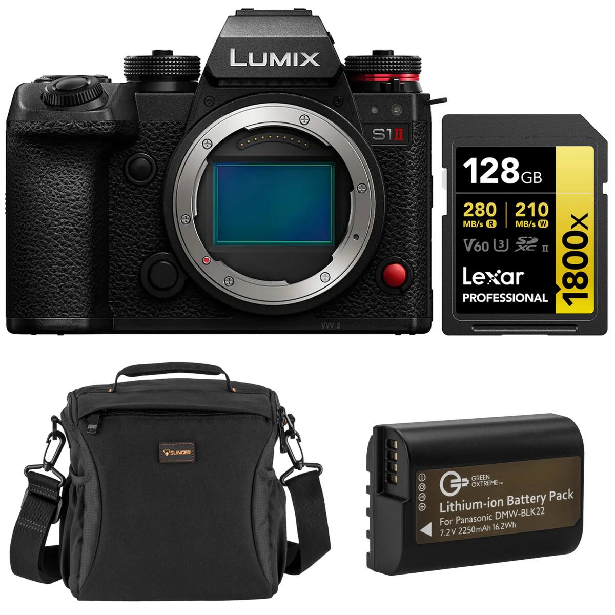 LUMIX S1 II 128 GB 280 210 MB/s R MB/s W V60 3 II PROFESSIONAL Lexar 1800x SLINGER I GREEN : G EXTREME Battery Pack f Lithium-ion Panasonic DMW-BLK22 For 2250mAh 16.2Wh 7.2V
