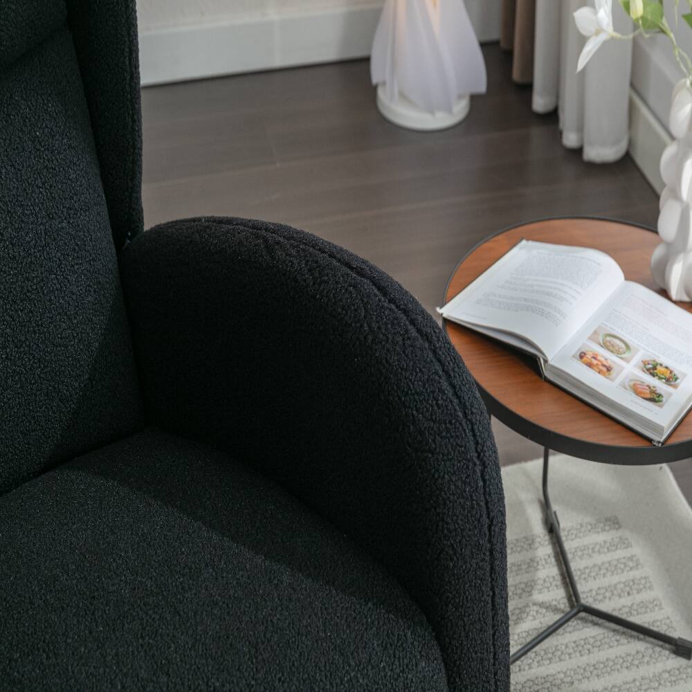 Left. Loheer - Loheer Black Teddy Fabric Nursery Rocking Chair with Wingback, Solid Wood Base Leisure Rocker, High Backrest - Black.