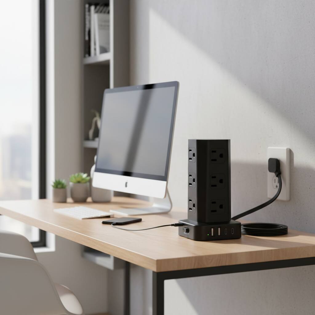 Alt View 1. Dazzed Corner - Power Strip Tower, 6FT Cord, 12 Outlets & 4 USB (2 USB-C), Surge Protection - Black.