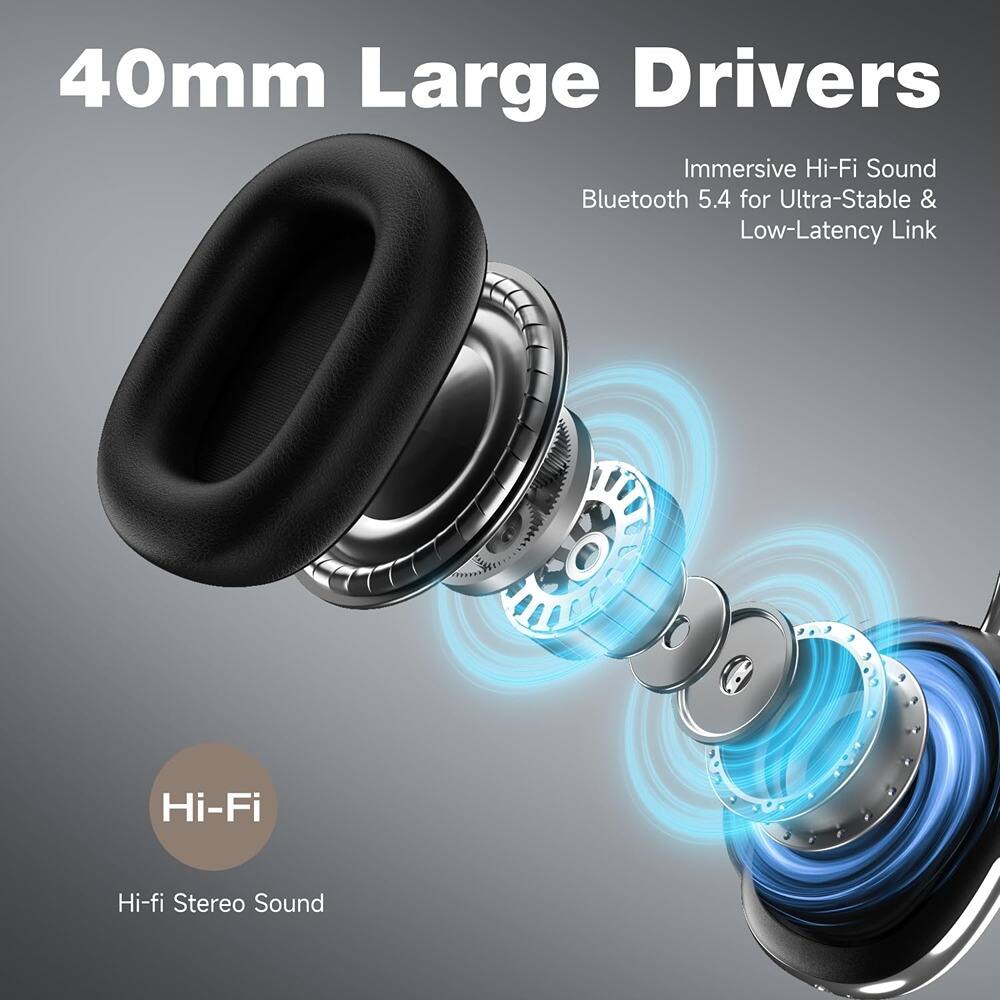 40mm Large Drivers

Immersive Hi-Fi Sound  
Bluetooth 5.4 for Ultra-Stable & Low-Latency Link

Hi-Fi  
Hi-fi Stereo Sound