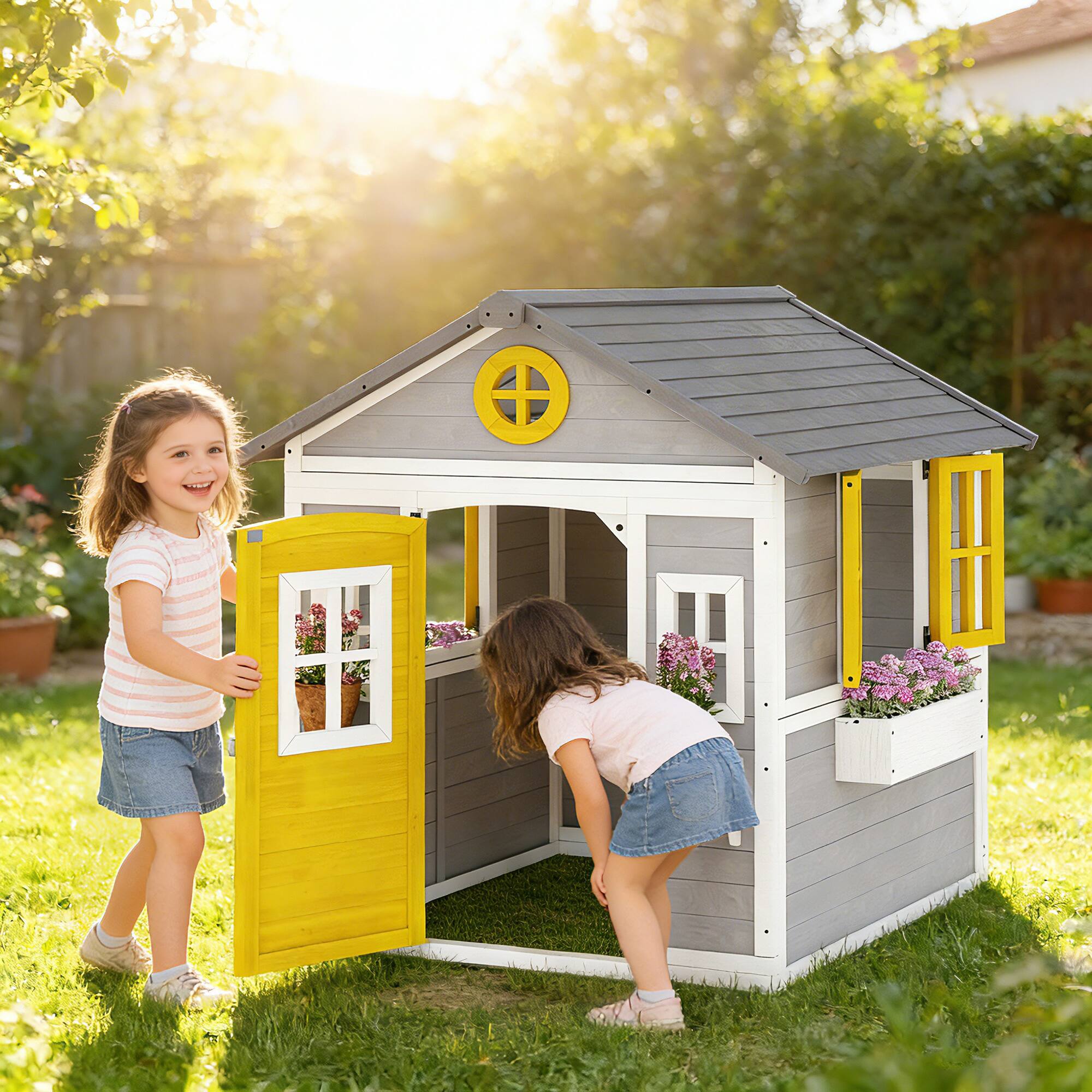 Alt View 1. Outsunny - Playhouse for Kids Outdoor with Doors, Windows - Gray.
