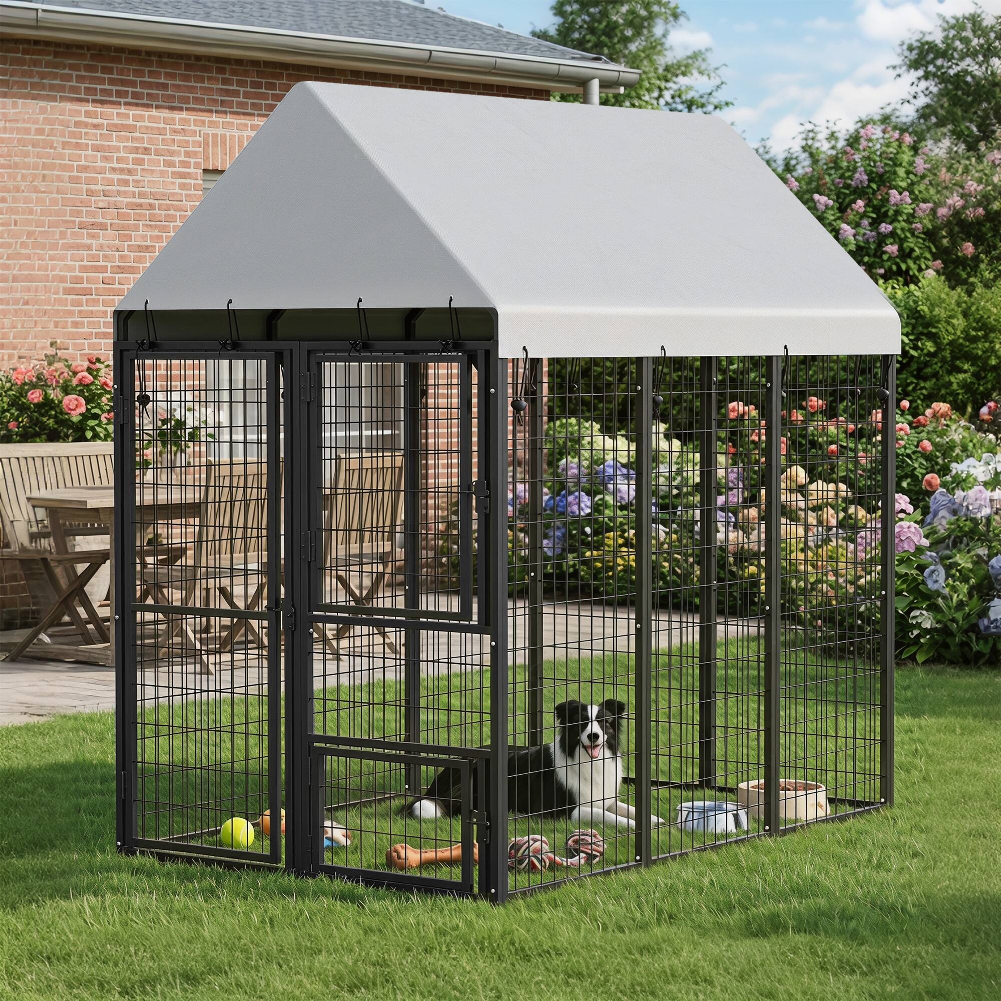 Alt View 8. Pawhut - Dog Kennel Outdoor with Roof, 3 Doors, Expandable Heavy Duty Dog Kennel Dog Run for All Breed Sizes - Black.