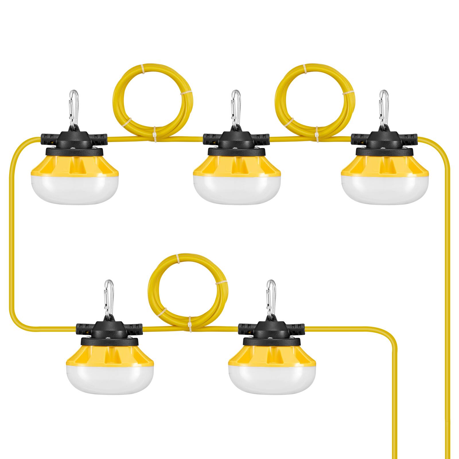 Front. VEVOR - 50FT Construction String Lights,50W 5000LM, 5PCs String Work Light, 5000K Daylight & IP65 Waterproof, with Hanging Hooks - Yellow.