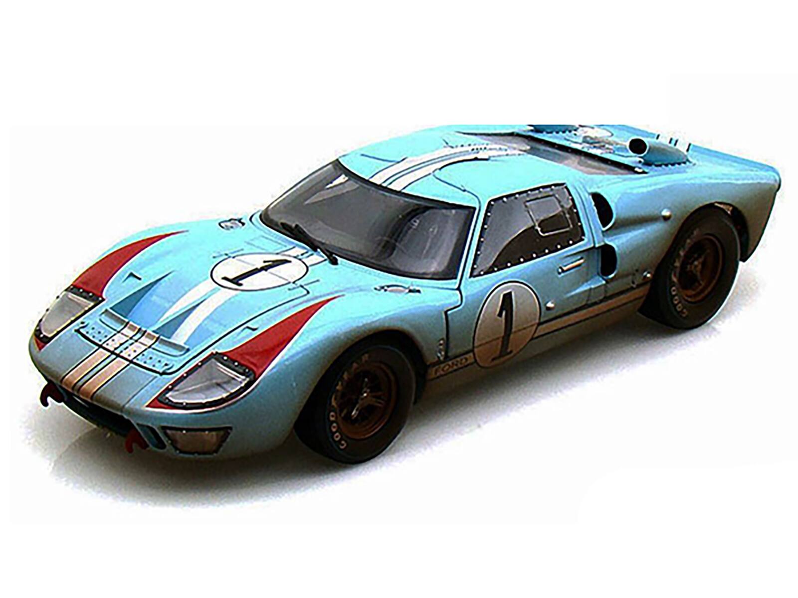 Left. Shelby Collectibles - 1966 Ford GT-40 MK II #1 Light Blue Miles - Hulme Le Mans (Dirty Version) 1/18 Diecast Model Car by Shelby Collectibles - Light Blue.