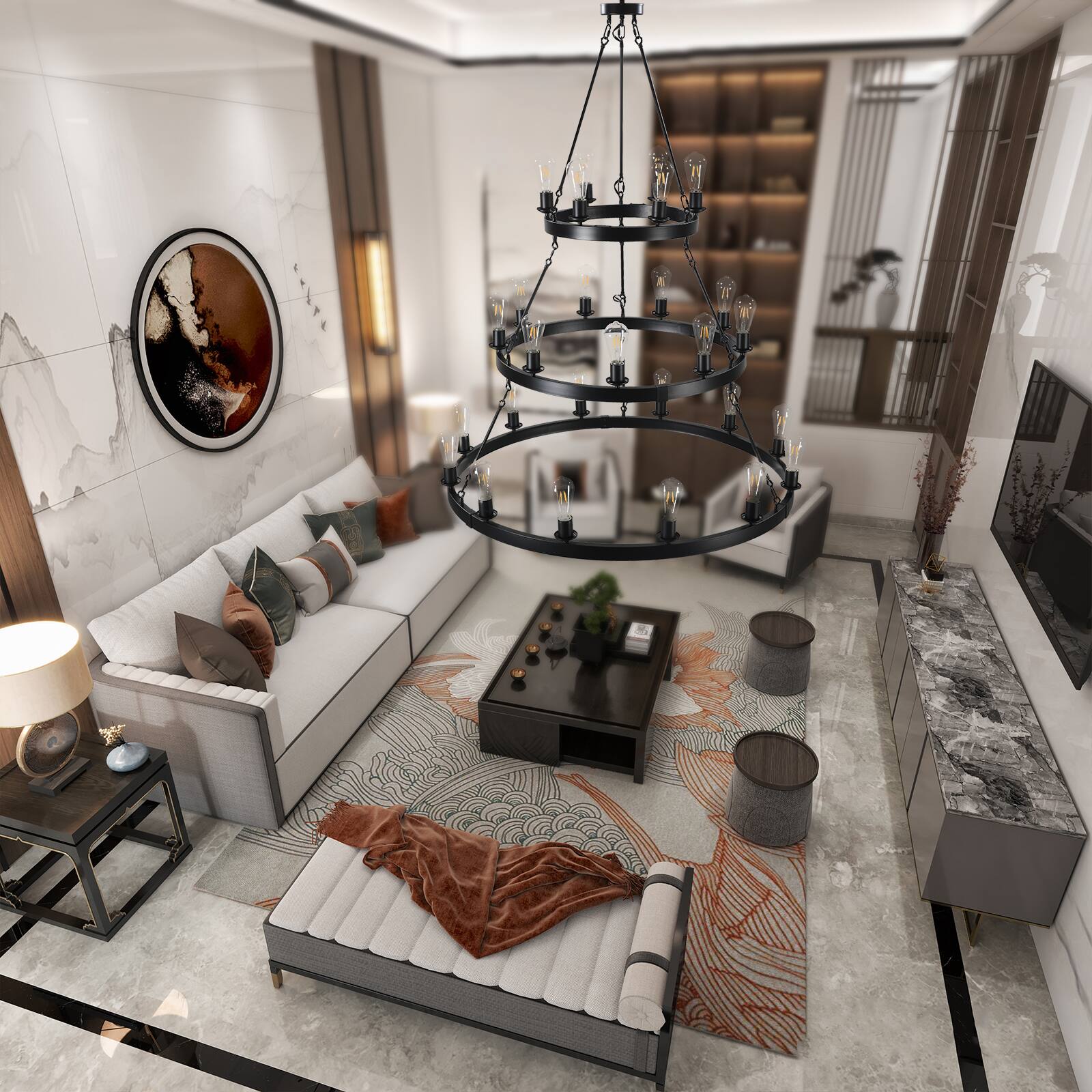 Alt View 1. TinyHomie - 45 Retro Industrial Style 3 Layer Pendant Light 27 Lights Black Farmhouse Pendant Suitable.