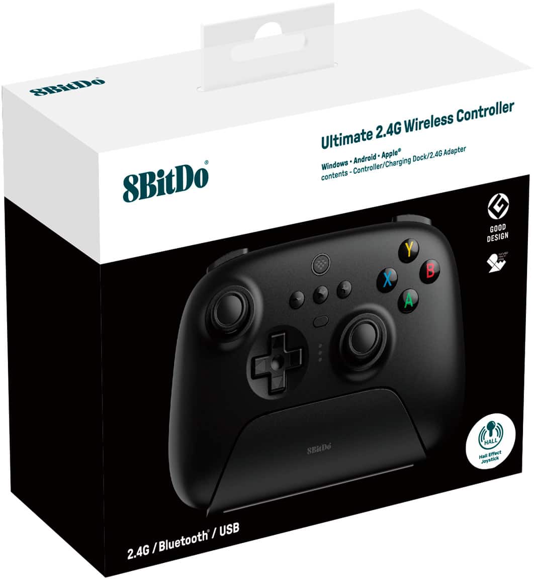 The text on the image reads: "8BitDo Wireless Controller Ultimate 2.4G Apple Dock/24G Adapter Android Windows Controller/Charging contents GOOD DESIGN Y B X A . SERDo HALL Mall Effect Joystick / USB 2.4G / Bluetooth".