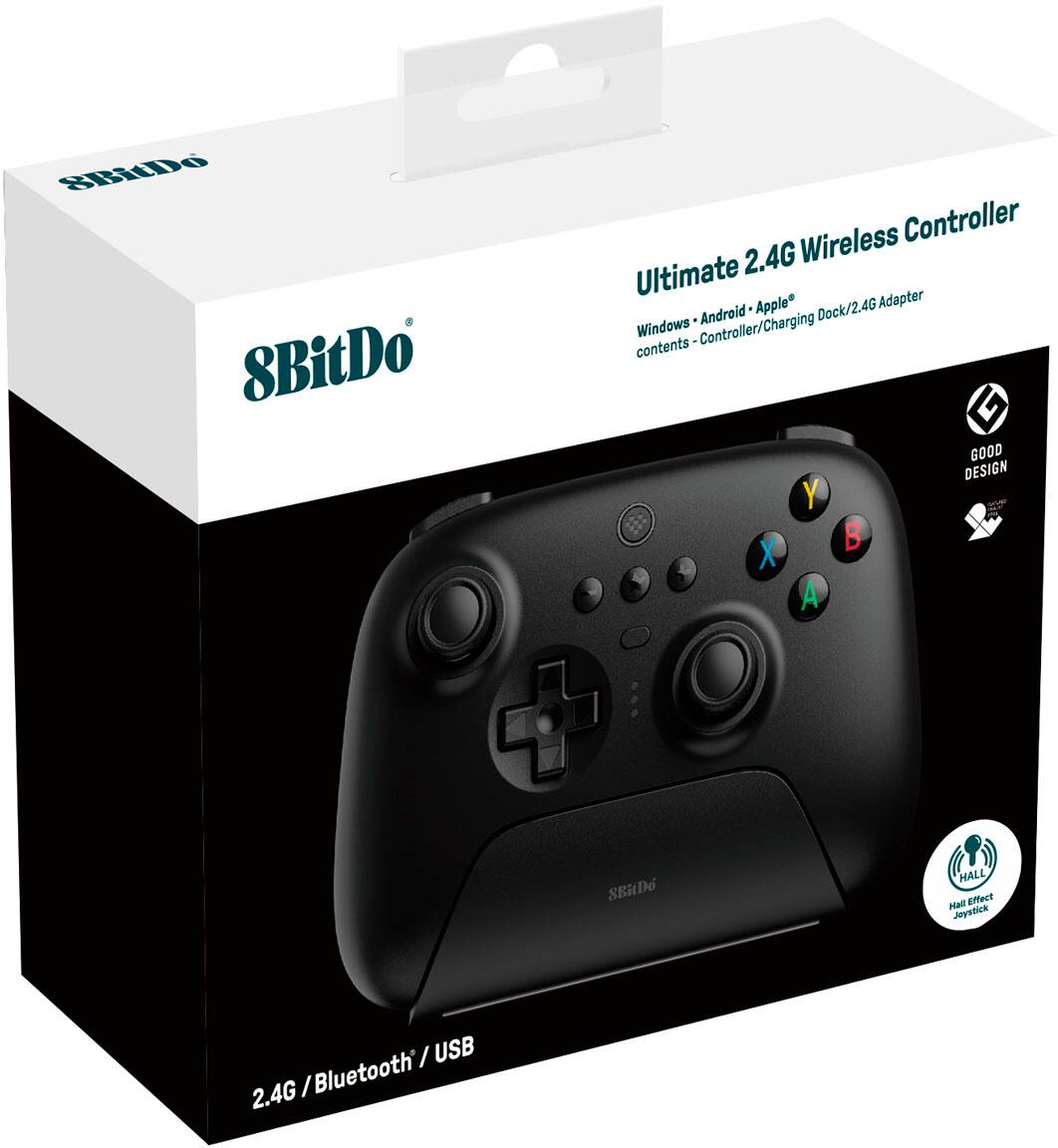 The text on the image reads: "8BitDo Wireless Controller Ultimate 2.4G Apple Dock/24G Adapter Android Windows Controller/Charging contents GOOD DESIGN Y B X A . SERDo HALL Mall Effect Joystick / USB 2.4G / Bluetooth".