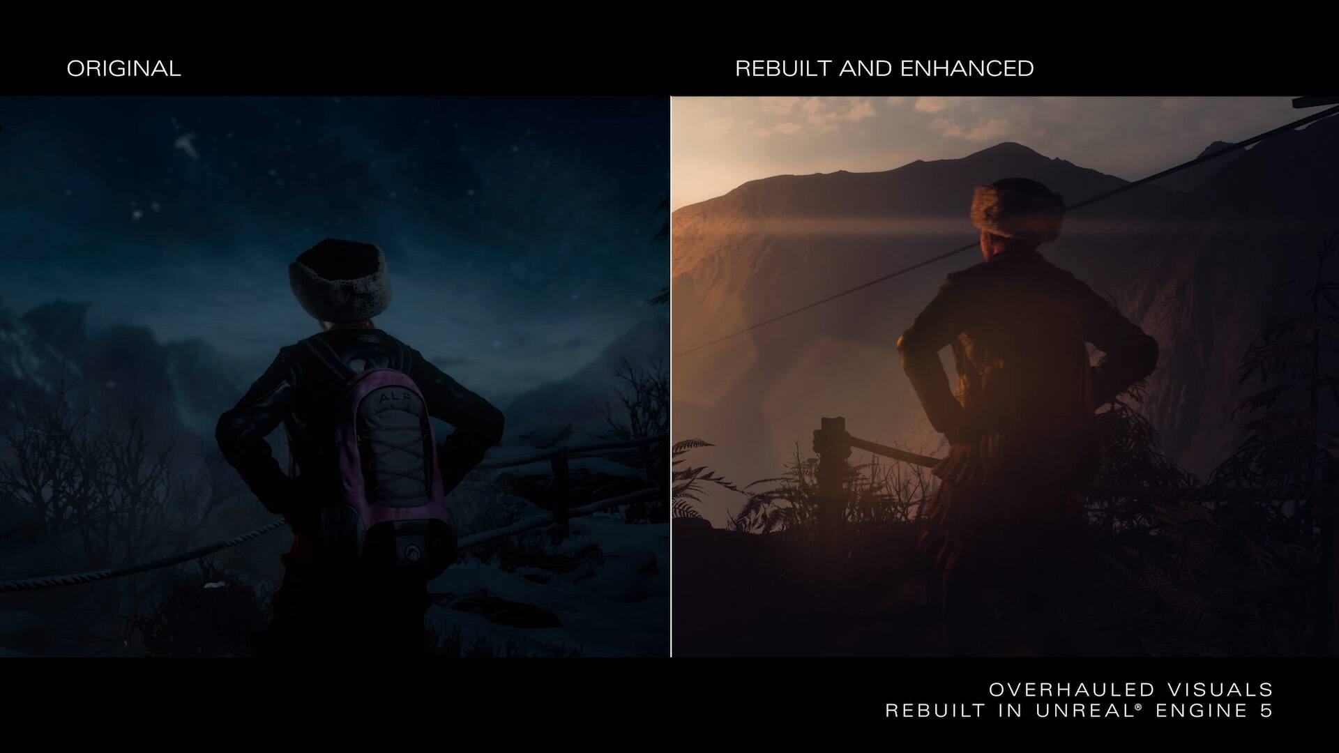 The image features two different scenes, one of which is described as "rebuilt and enhanced" while the other is labeled "original." The image also states that the enhanced scene was "rebuilt in Unreal Engine 5."