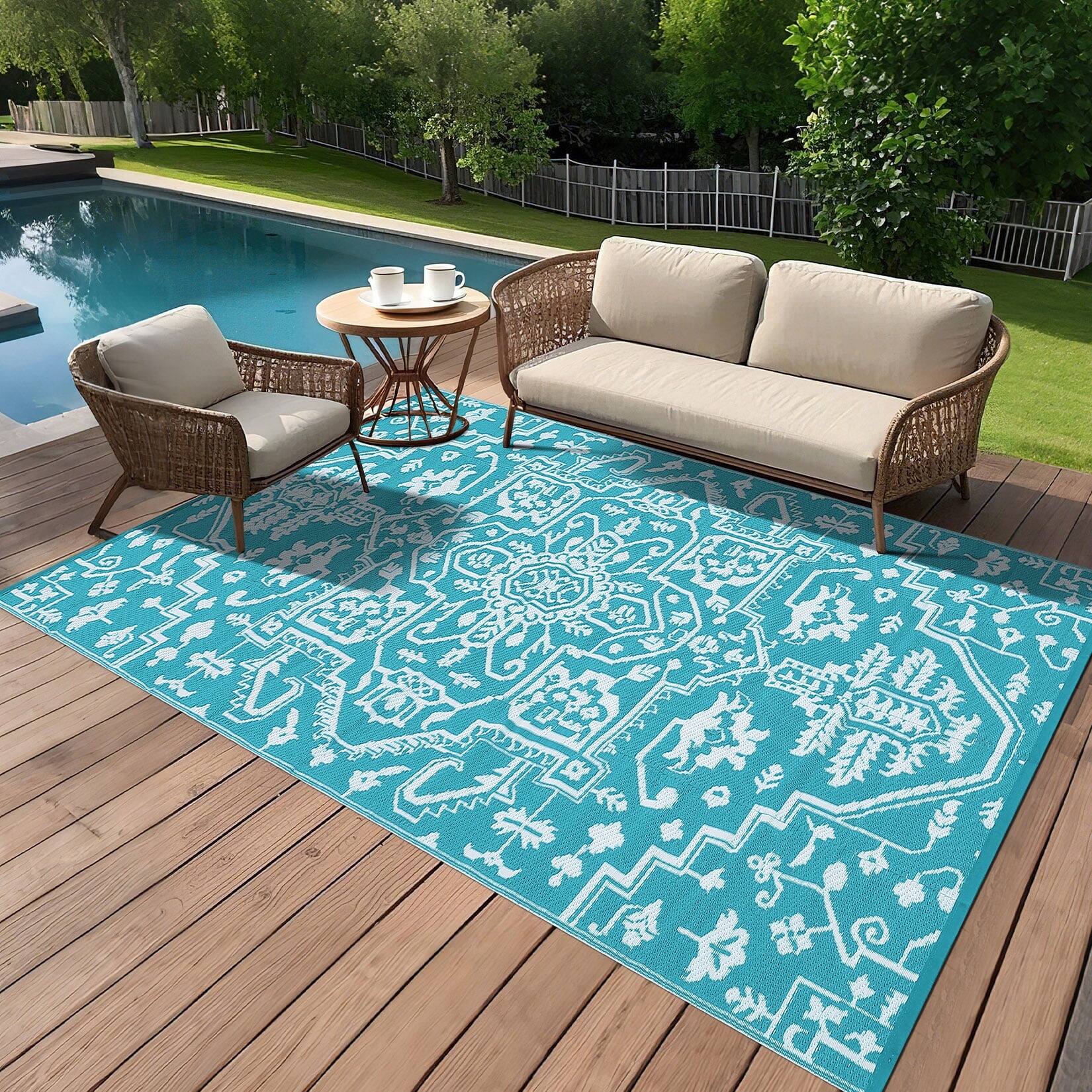 Alt View 1. Homhougo - Large 9'x12' Waterproof Outdoor Rug, Reversible Patio Carpet, UV-Resistant, Light Blue - Light blue/white.