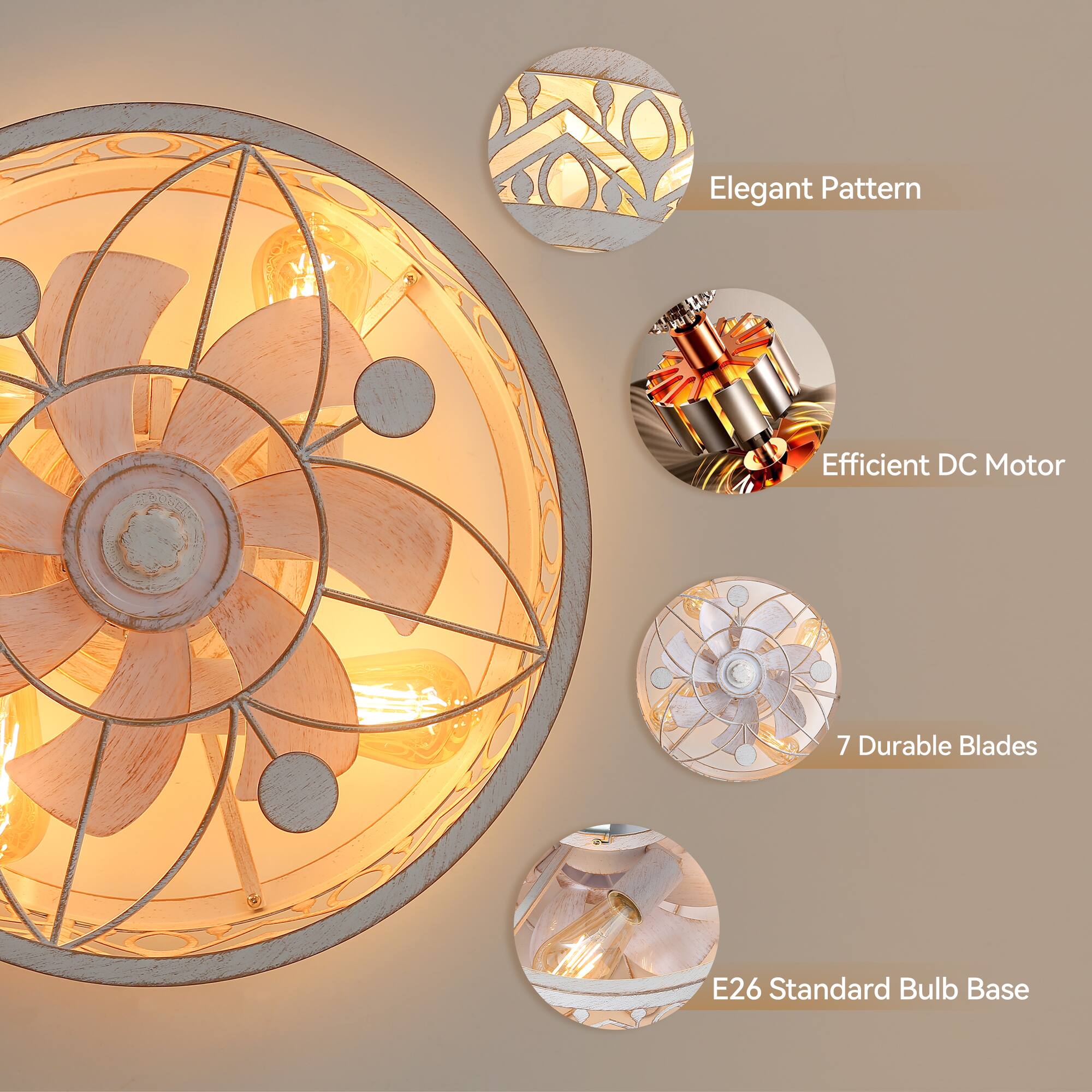 Elegant Pattern, Efficient DC Motor, 7 Durable Blades, E26 Standard Bulb Base