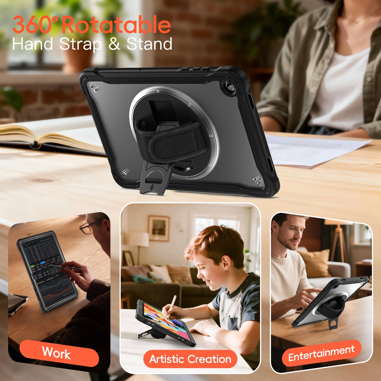 360° Rotatable Hand Strap & Stand

Work  
Artistic Creation  
Entertainment