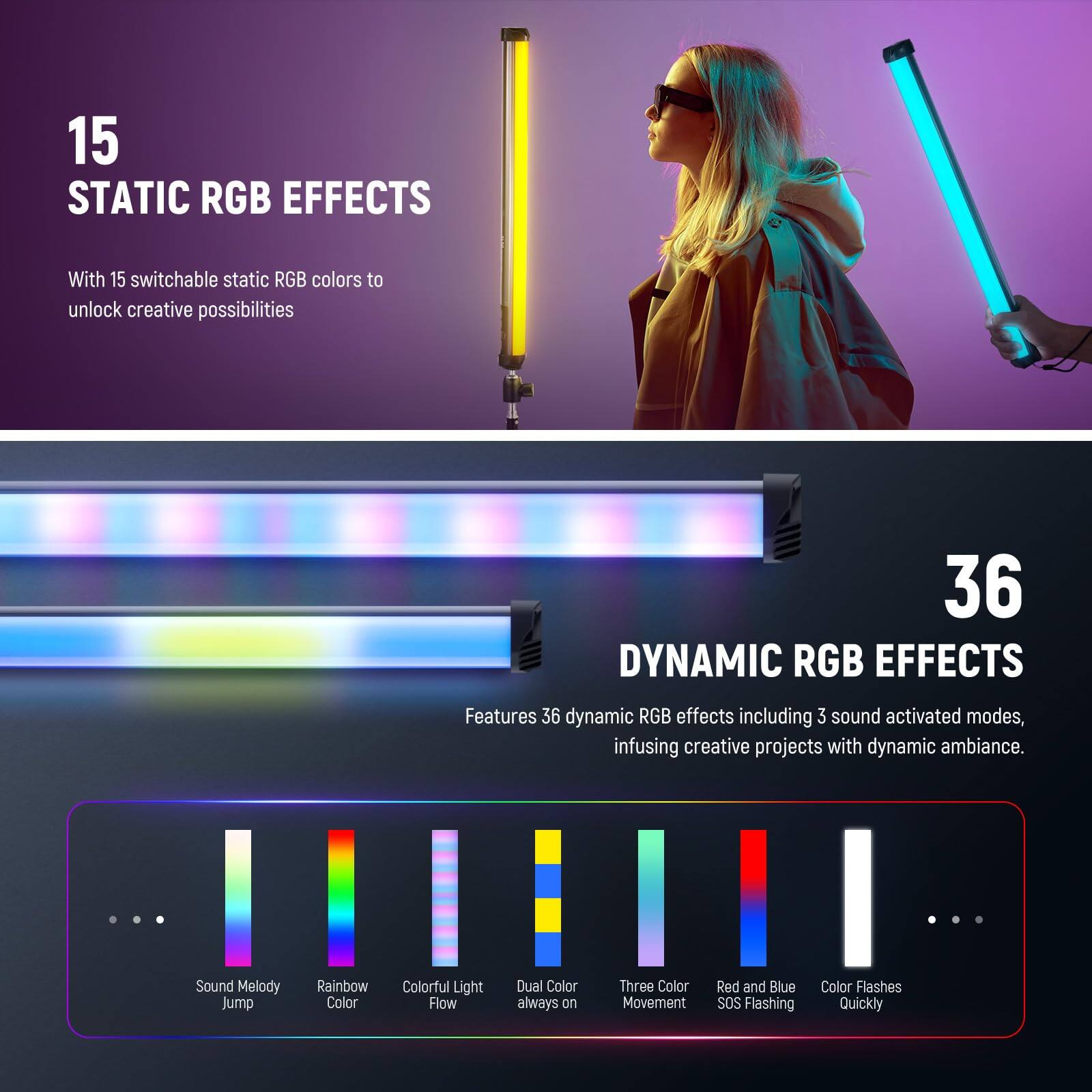 15 STATIC RGB EFFECTS  
With 15 switchable static RGB colors to unlock creative possibilities  

36 DYNAMIC RGB EFFECTS  
Features 36 dynamic RGB effects including 3 sound activated modes, infusing creative projects with dynamic ambiance.  
- Sound Melody  
- Jump  
- Rainbow Color  
- Colorful Light Flow  
- Dual Color always on  
- Three Color Movement  
- Red and Blue SOS Flashing  
- Color Flashes Quickly