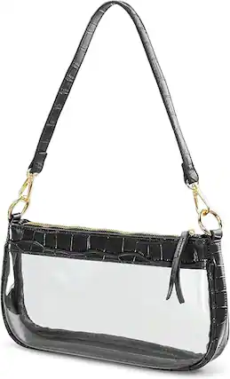 Front. Vulpecula Spade - Clear Shoulder Handbag PVC Classic 90s Purse Women Vegan Leather Crocodile Crossbody Bag - Black.