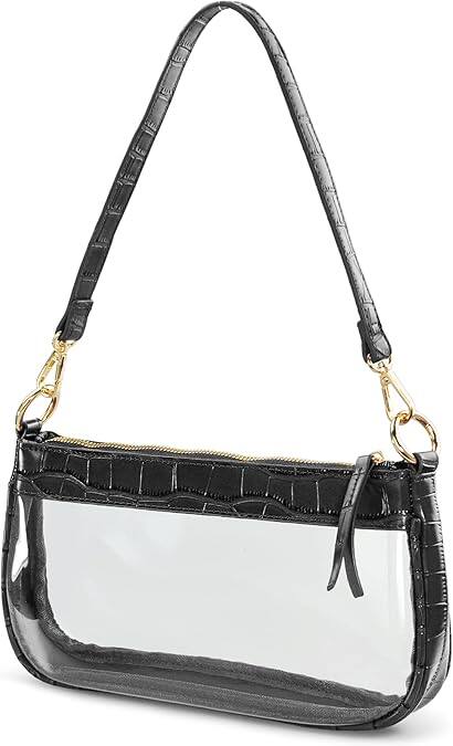Front. Vulpecula Spade - Clear Shoulder Handbag PVC Classic 90s Purse Women Vegan Leather Crocodile Crossbody Bag - Black.