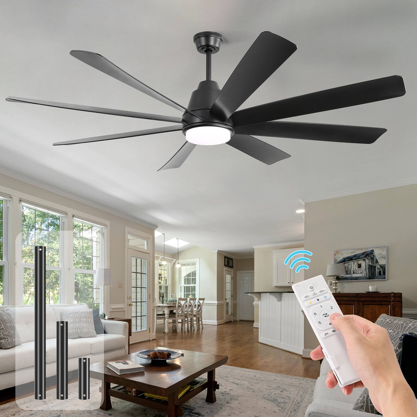 Alt View 4. Sofucor - 72'' Ceiling Fan with Lights and Remote Outdoor High CFM 3 CCT Dimmable, 8 Blade Large Ceiling Fan 3-Timer Reversible DC - Black.