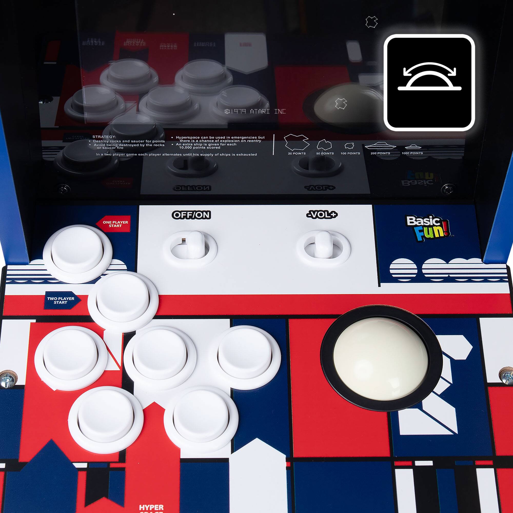 Sure, here is the corrected and grouped text from the image:

**Top Section:**
- LARI INC
- STRATEGY
- DESTROY ROCKS AND SAUCERS FOR POINTS
- DESTROY ROCKS AND SAUCERS FOR POINTS
- IN A TWO PLAYER GAME EACH PLAYER ALTERNATES UNTIL HIS SUPPLY OF SHIPS IS EXHAUSTED
- HYPERSPACE CAN BE USED ONCE PER GAME
- 10,000 POINTS SCORED
- 50 POINTS
- 100 POINTS
- 200 POINTS
- 500 POINTS
- 1000 POINTS
- BASIC FUN!
- TWO PLAYER GAME
- ONE PLAYER GAME
- OFF/ON
- VOL+
- HYPER

**Bottom Section:**
- ONE PLAYER START
- TWO PLAYER START
- BASIC FUN!
- HYPER