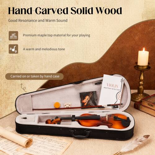 Hand Carved Solid Wood  
Good Resonance and Warm Sound  

Premium maple top material for your playing  
A warm and melodious tone  

Carried on or taken by hand case  

VIOLIN