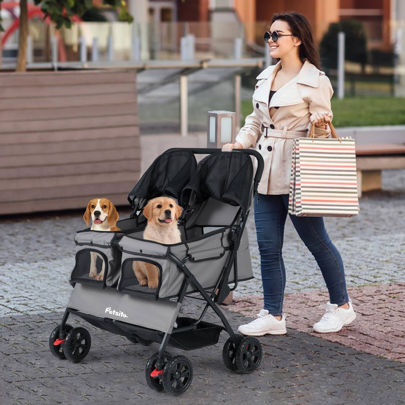 Alt View 1. Gymax - Gymax Double Pet Stroller w/ 2-seater Carrier Adjustable Sunshade Removable Pad Gray.
