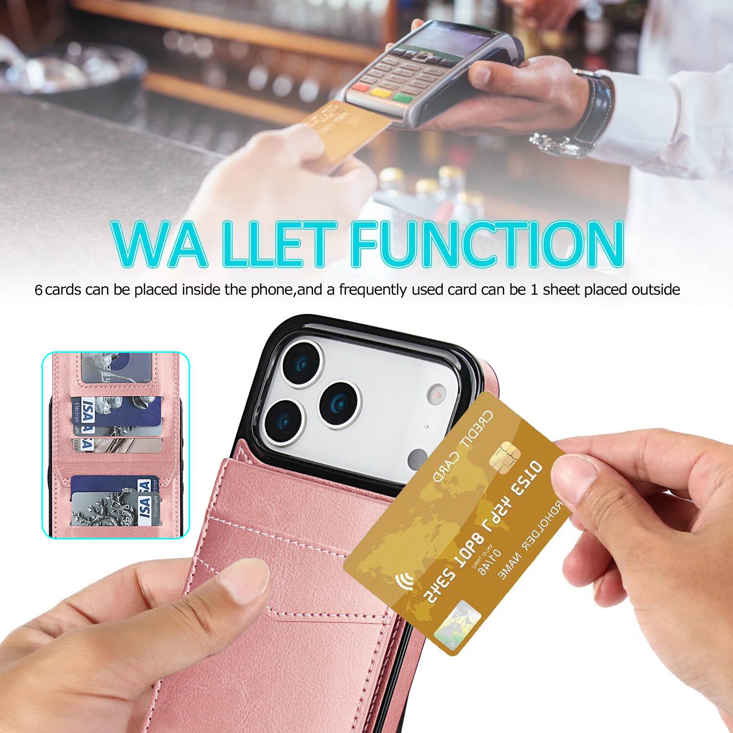 WA LLET FUNCTION  
6 cards can be placed inside the phone, and a frequently used card can be 1 sheet placed outside  

ESCO ISA 1  
8 A A A ISA : CREDIT CARD OT53 L9Sh RDHOLDER 1OP8  

ANTID NAME 2345