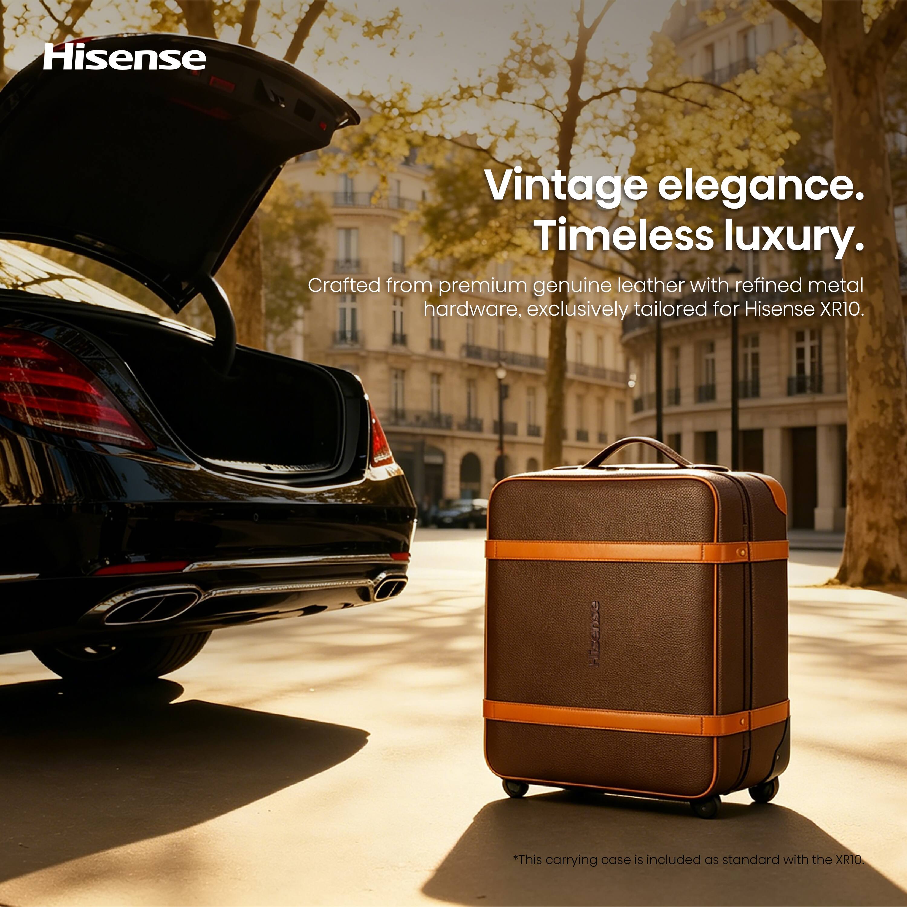 Hisense Vintage elegance. Timeless luxury. Crafted from premium genuine leather with refined metal hardware, exclusively tailored for Hisense XR10. *This carrying case is included as standard with the XR10.