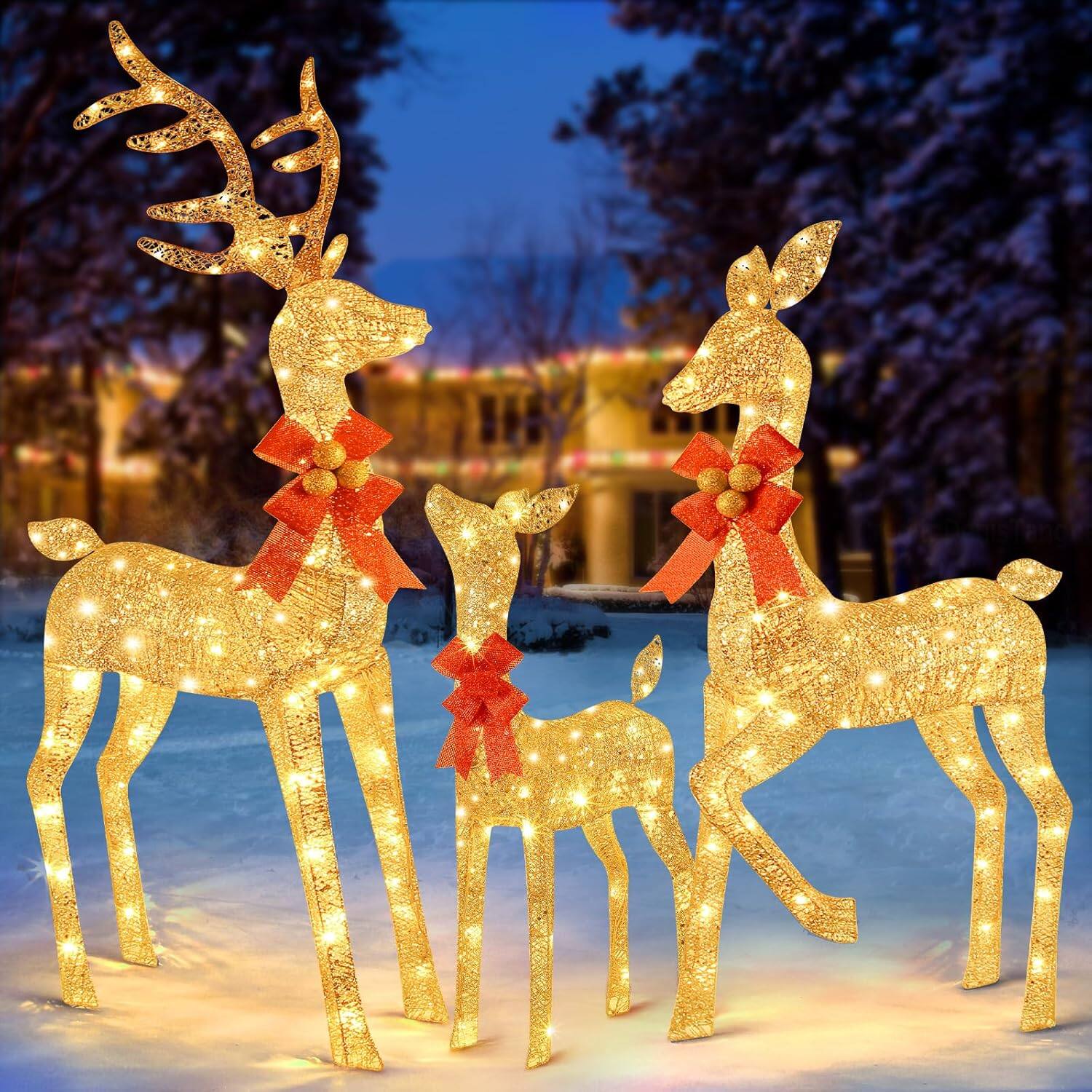 Angle. Nordic Hygge - 3-Piece Large Lighted Christmas Deer Family Set, Outdoor 5FT Christmas Reindeer Holiday Yard Decoration - Gold.