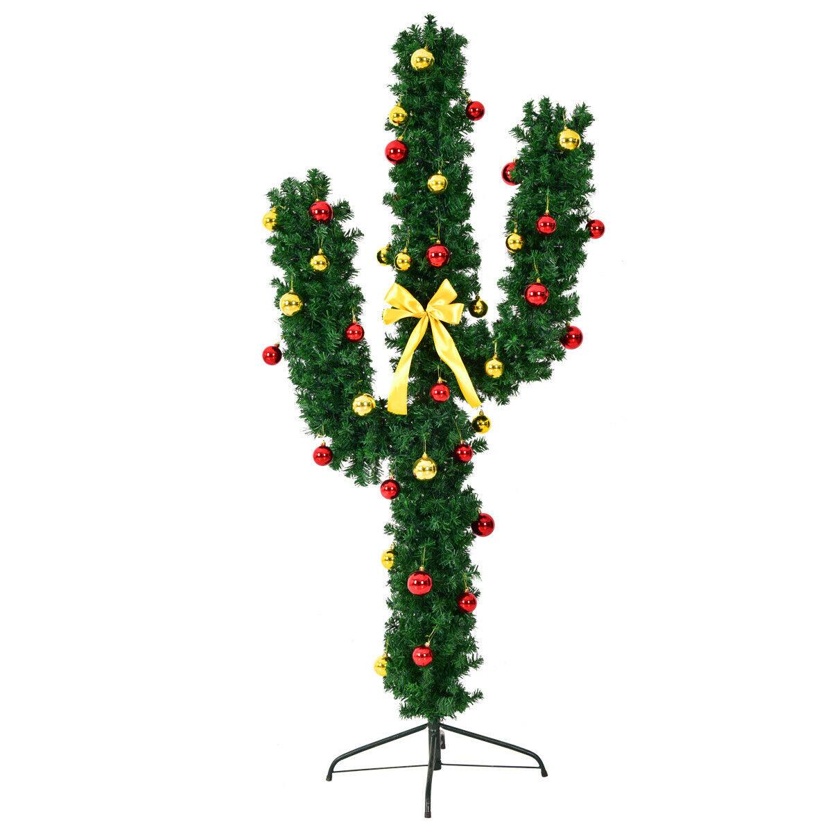 Alt View 19. Costway - 5Ft Pre-Lit Cactus Christmas Tree LED Lights Ball Ornaments - Green.
