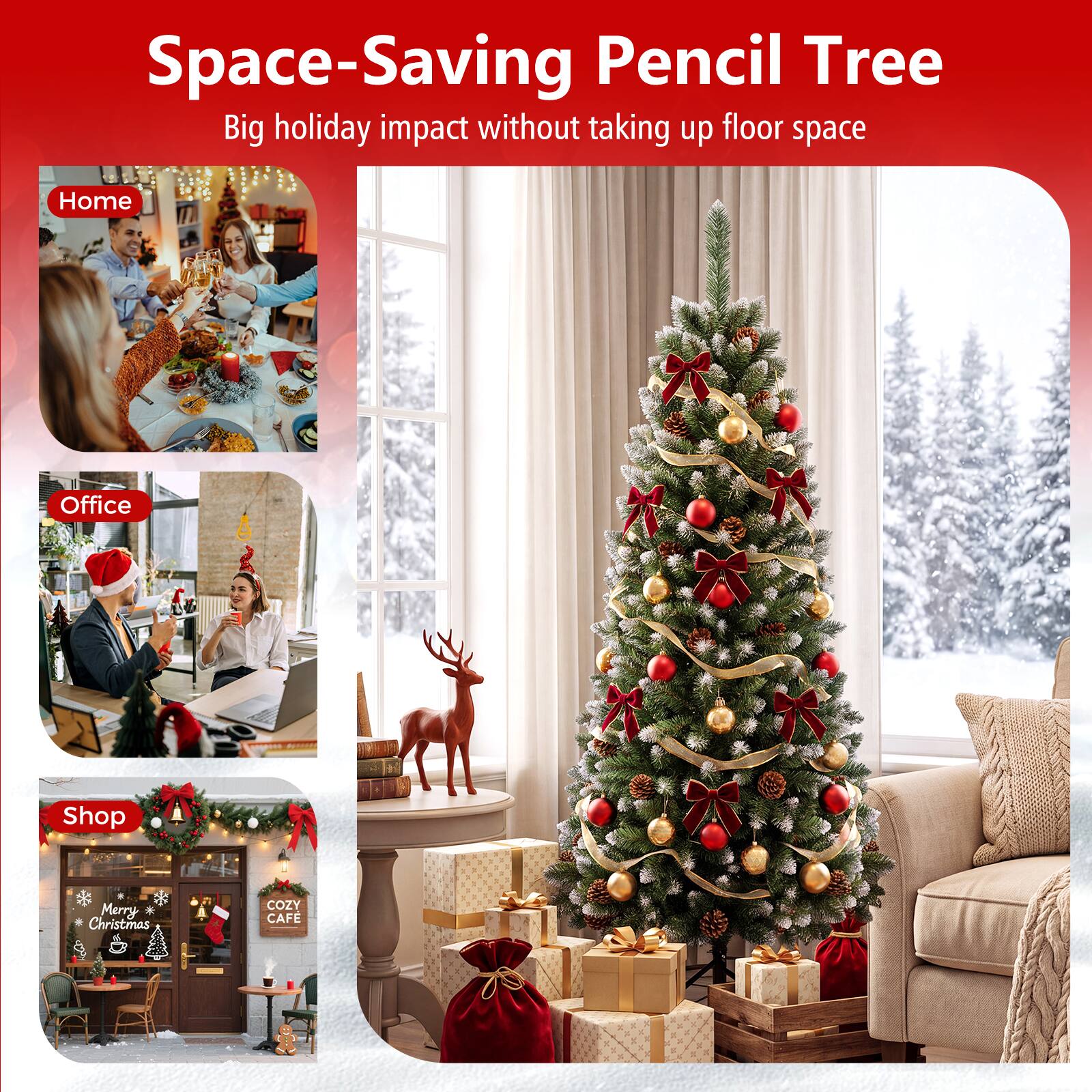 Space-Saving Pencil Tree  
Big holiday impact without taking up floor space

Home  
Office  
Shop  
Merry Christmas  
COZY CAFE