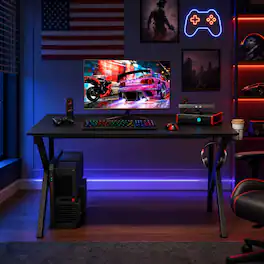 WELLFOR - K-Shaped Gaming Desk with Cup Holder & Headphone , Computer Desk for Adults - Black