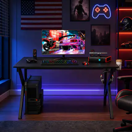 Front. WELLFOR - K-Shaped Gaming Desk with Cup Holder & Headphone , Black Computer Desk for Adults - Black.
