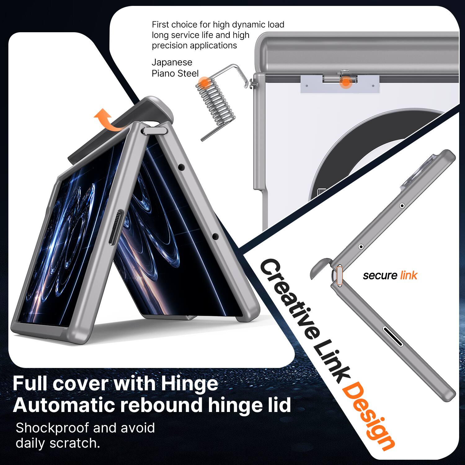 First choice for high dynamic load, long service life, and high precision applications: Japanese Piano Steel

Full cover with Hinge Automatic rebound hinge lid
Shockproof and avoid daily scratch.

Creative Link Design
secure link