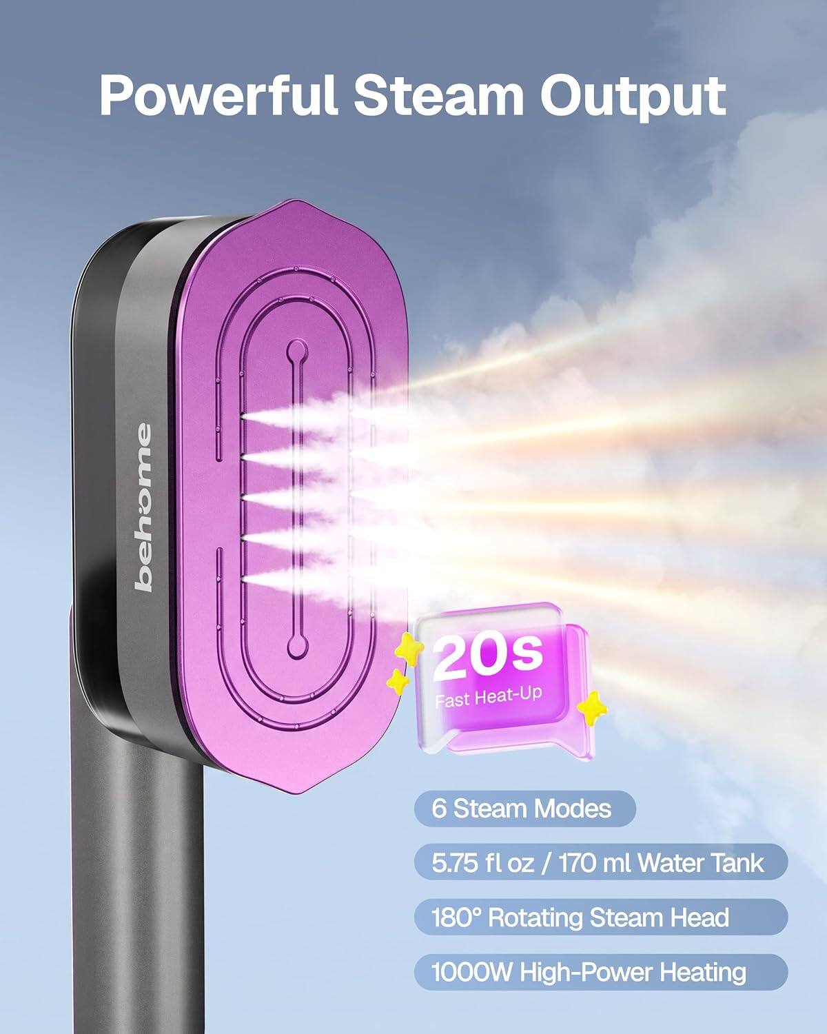 Powerful Steam Output  
20s Fast Heat-Up  
6 Steam Modes  
5.75 fl oz / 170 ml Water Tank  
180° Rotating Steam Head  
1000W High-Power Heating