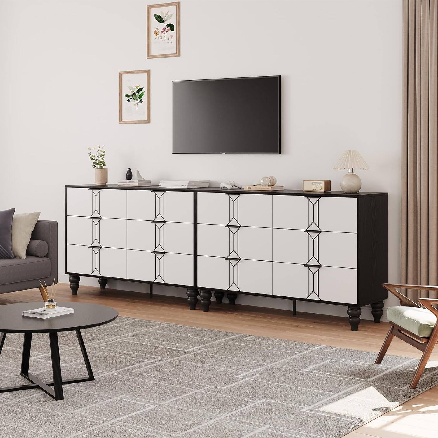 Left. GARVEE - Black and White Wooden 6 Drawer Dresser with Vintage Pattern Design, Modern Chest Dresser with Deep Drawers for Bedroom - ‎Black and White.