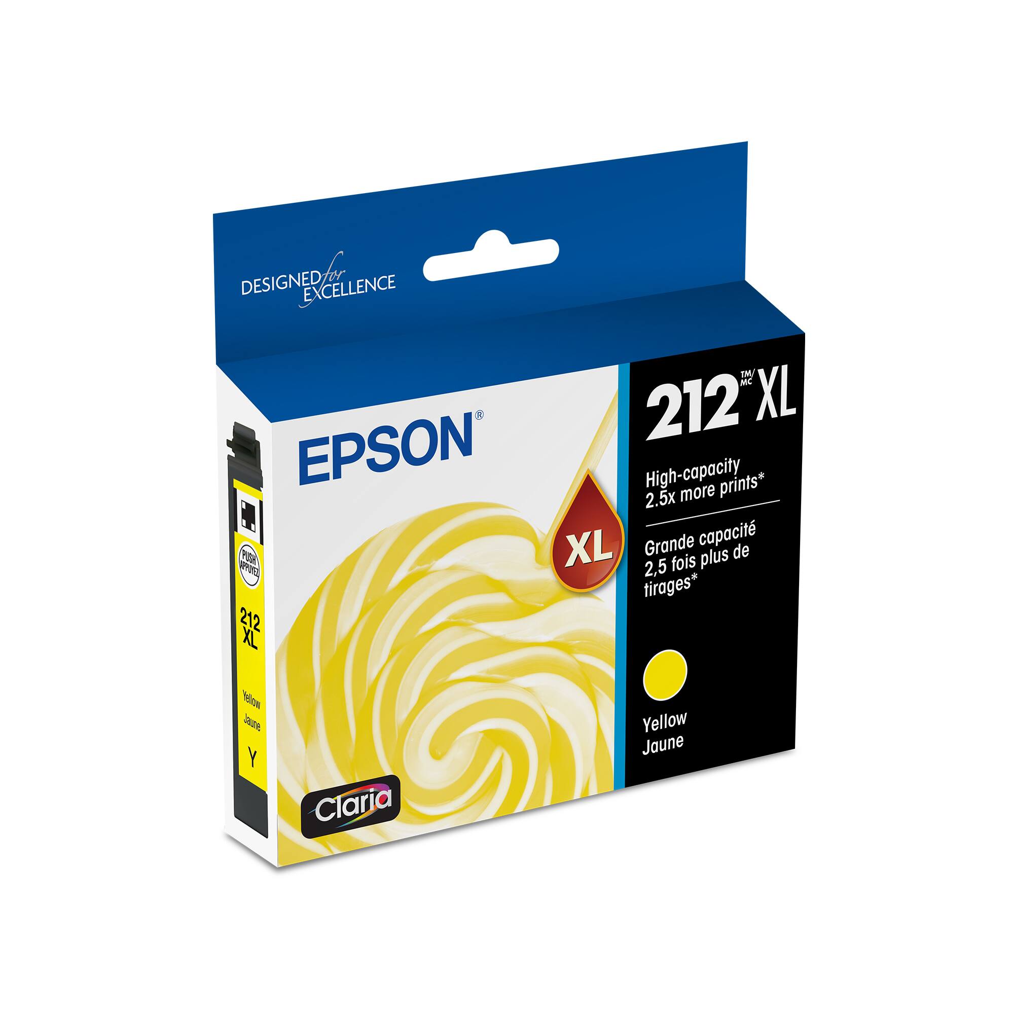 Designed Excellence TM 212XL XL EPSON High-capacity prints* 2.5x more XL Grande capacit P plus de PORA 2,5 fois tirages* 212 XL Mdow DUZA y Claria Yellow Jaune