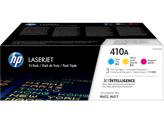 Sure, here is the corrected and grouped text:
---
**HP LASERJET Tri-Pack / Pack de Trois / Pack Triple CF251AM**
- **Yellow / Jaune / Amarillo / 青色**
- **Cyan / Cian / Cyan / 黄色**
- **Magenta / Magenta / Magenta / 品红色**
**Print Cartridges / Cartouches d'Impression / 3 Cartuchos de Impresión / Tiskové Kazy / 打印硒鼓**
**JET INTELLIGENCE**
- More Pages, performance and protection.
- Plus. Pages, performance et protection.
**HP LASERJET PRO M452, M477**
---
This text is organized to reflect the product details and specifications as shown in the image.
