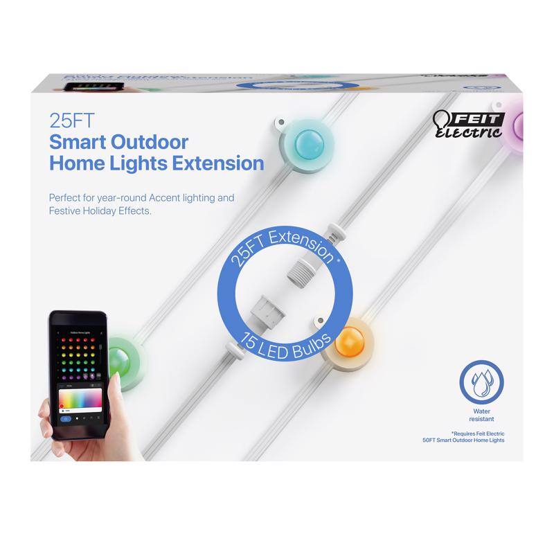 25FT Smart Outdoor Home Lights Extension  
FEIT Electric  
Perfect for year-round Accent lighting and Festive Holiday Effects.  
25FT Extension  
15 LED Bulbs  
Water resistant  
Requires Feit Electric SOFT Smart Outdoor Home Lights