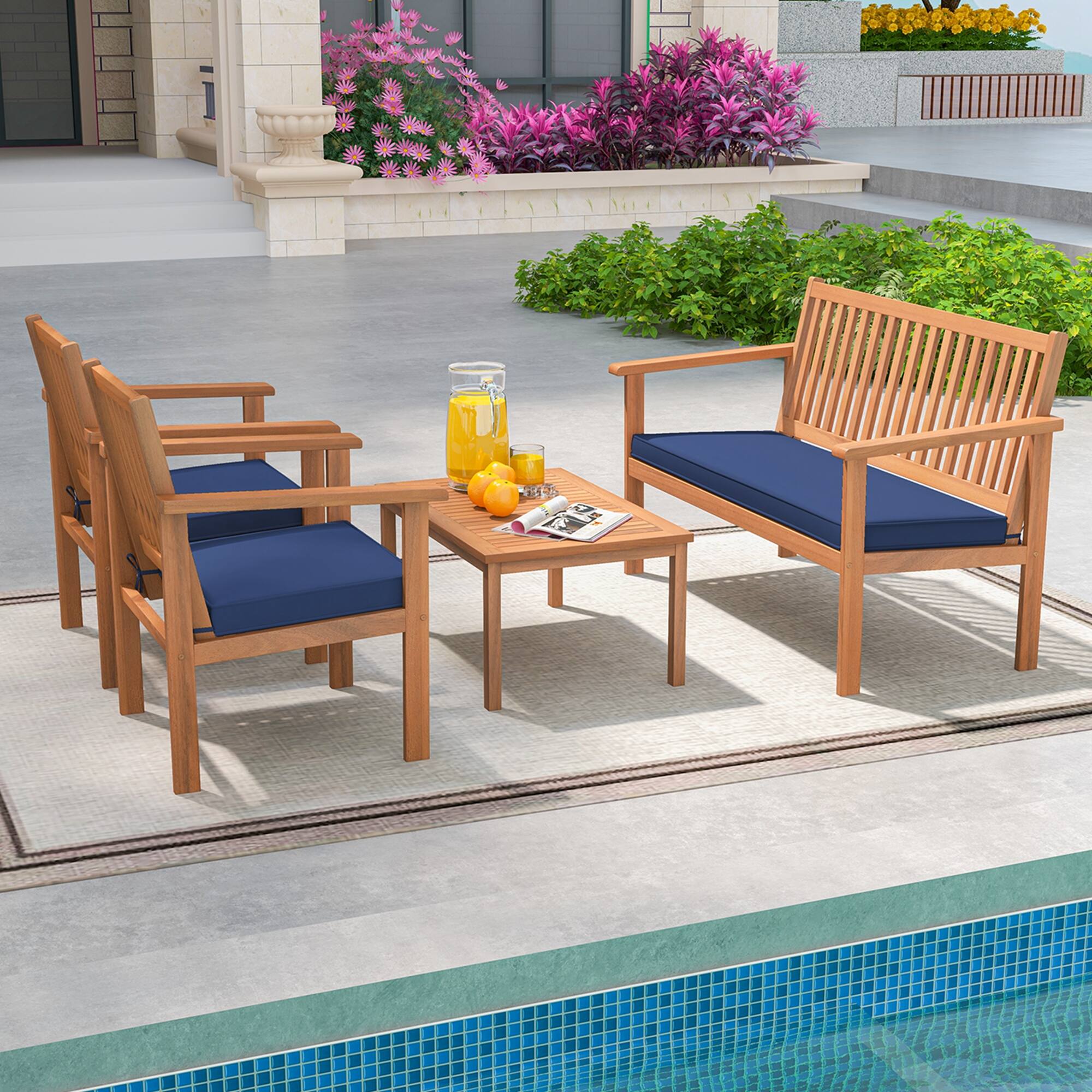 Alt View 7. Costway - 4 PCS Patio Wood Furniture Set with Loveseat, 2 Chairs & Coffee Table for Porch - Natural + Navy.