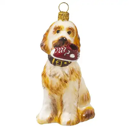 Front. Joy to the World Collectibles - Joy to the World Goldendoodle with High Top Sneaker and Crystal Collar Polish Glass Dog Ornament - Cream.