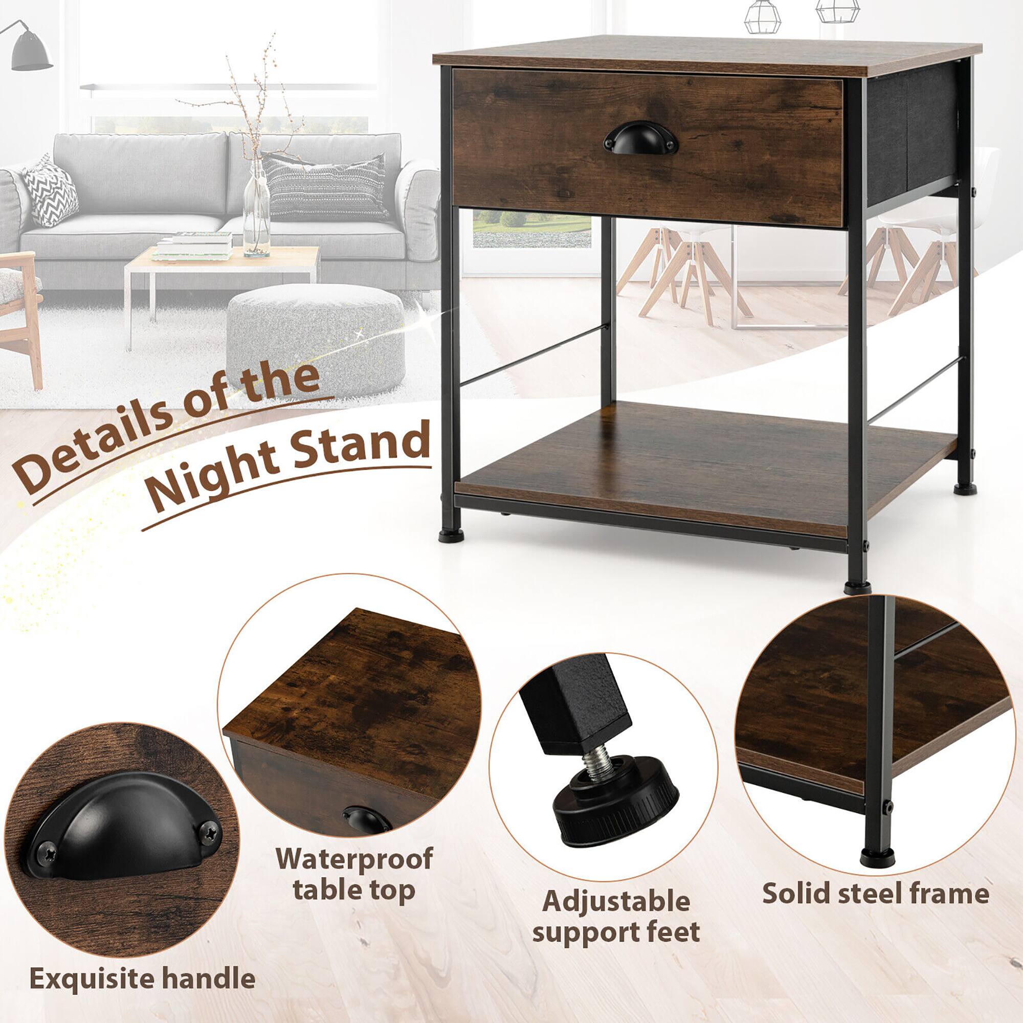 The text in the image can be grouped and corrected as follows:

- **Details of the Night Stand**
- **Waterproof table top**
- **Exquisite handle**
- **Adjustable support feet**
- **Solid steel frame**