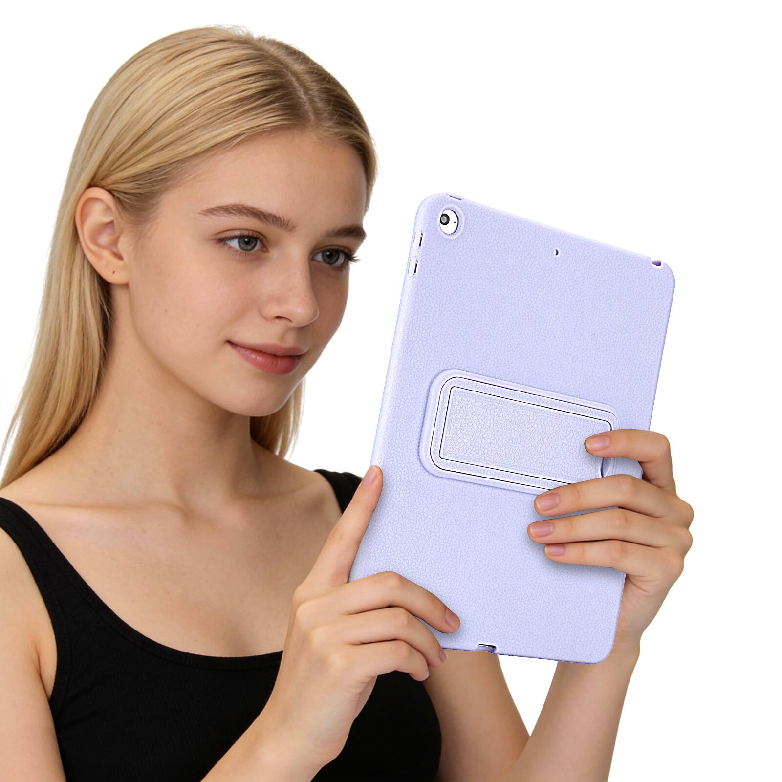Back. Dteck - Shockproof Case for Apple iPad (6th Generation) 9.7" 2018, Slim Leather Texture Protective Cover with Folding Kickstand - Purple.