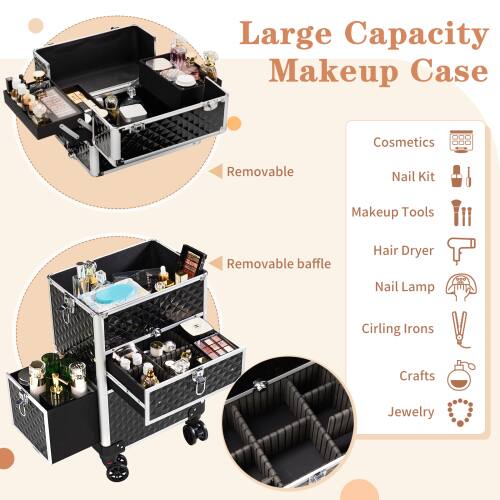 Large Capacity Makeup Case  
Cosmetics  
Nail Kit  
Makeup Tools  
Hair Dryer  
Nail Lamp  
Curling Irons  
Crafts  
Jewelry